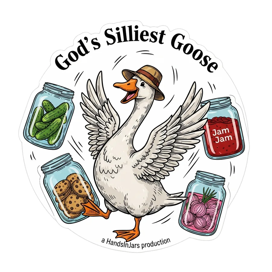 God's Silliest Goose sticker, dancing with four jars