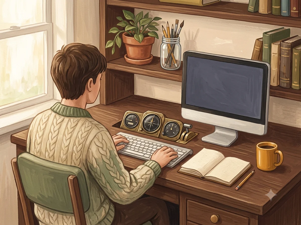 Illustration: a person at a home computer whose desk carries a few small flight instruments