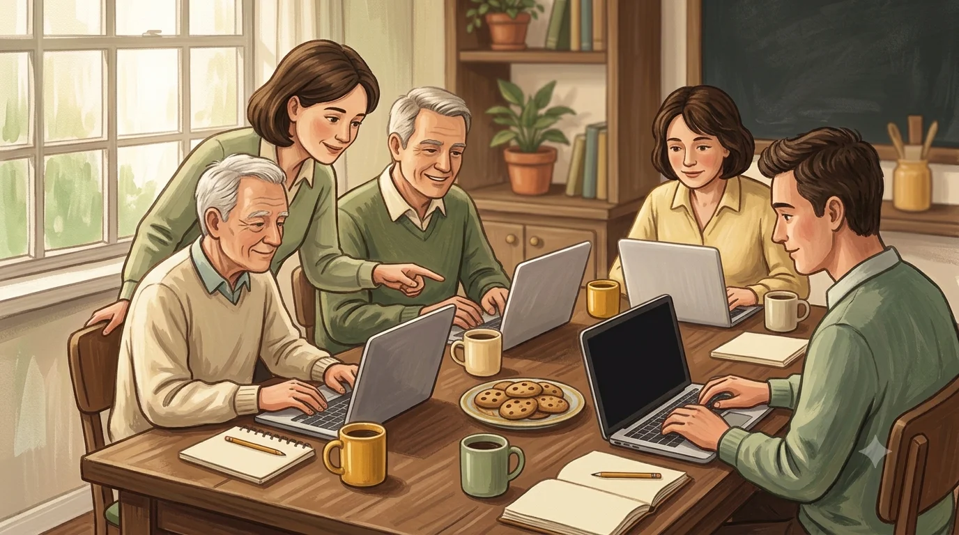 Illustration: adults around a kitchen table with laptops, an instructor helping one of them, cookies on a plate