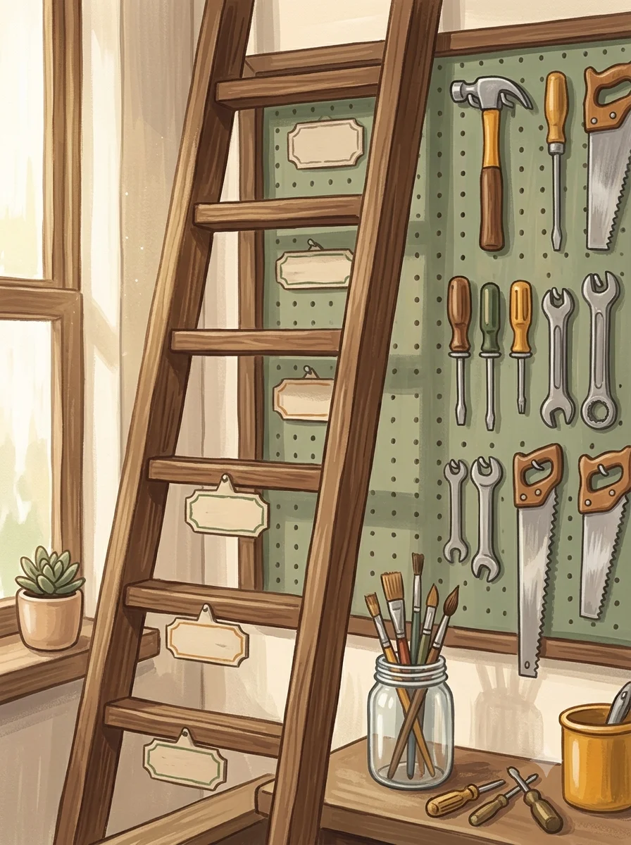 Illustration: a wooden ladder leaning against a workshop pegboard
