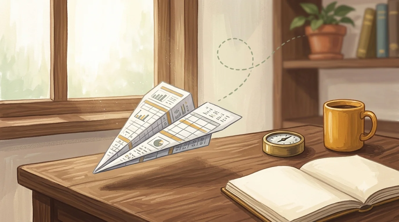 Illustration: a paper airplane folded from a spreadsheet lifting off a wooden desk